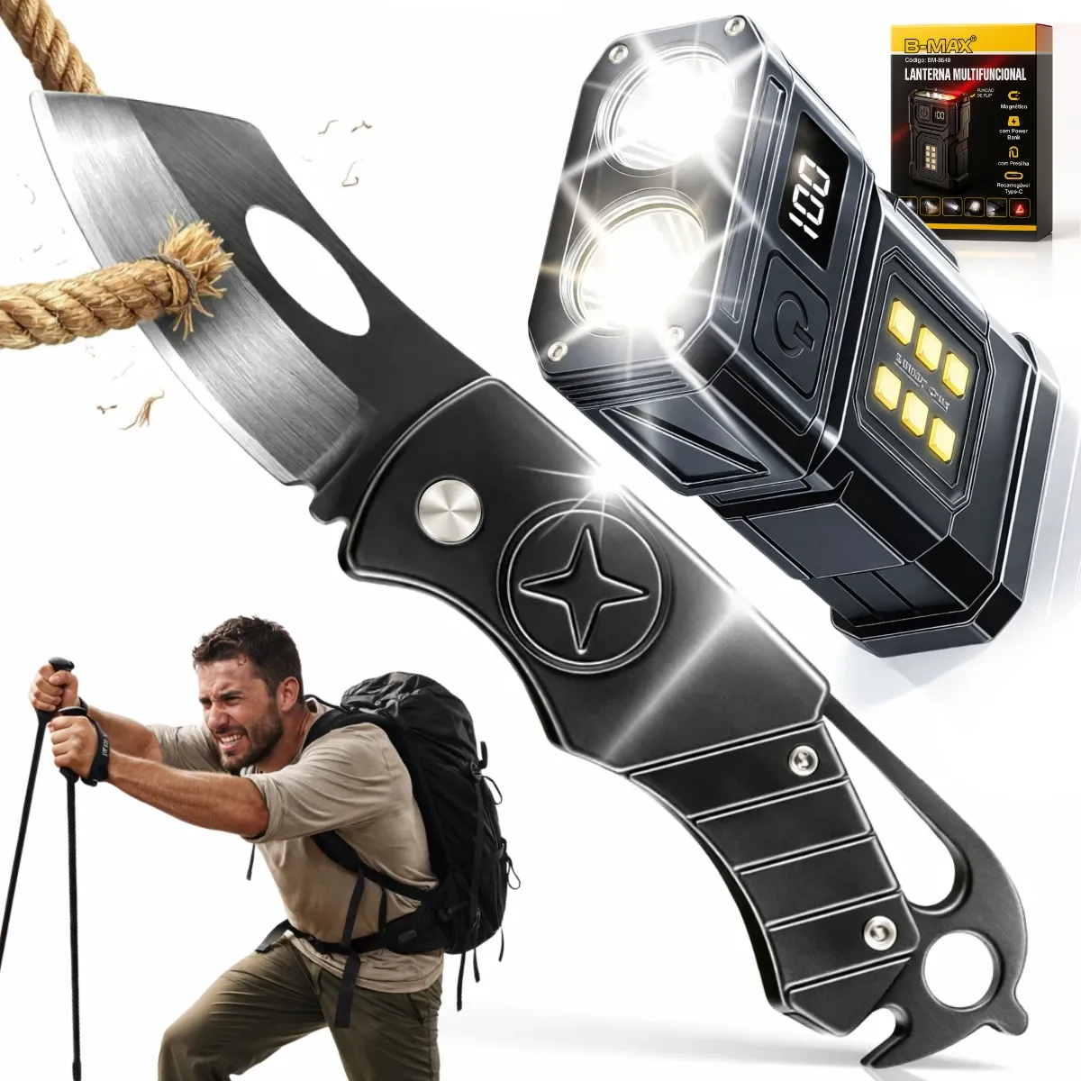 Kit Canivete Dobrável Lanterna Led Presilha Clipe Bolso Mão Preto Potente Giratória Sobrevivência