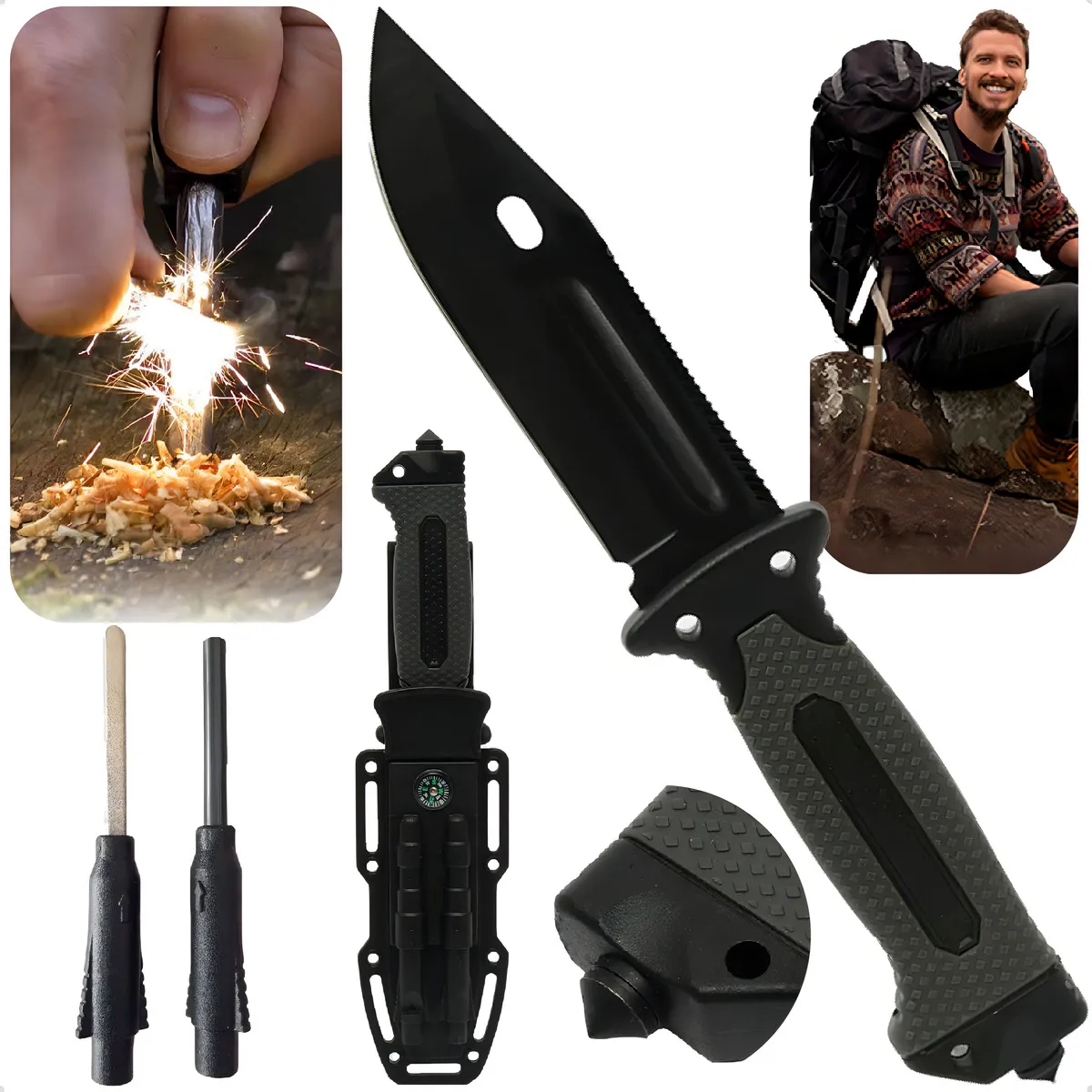 Faca Tatica Com Bainha Bússola Apito Amolador E Pederneira Cor Preta