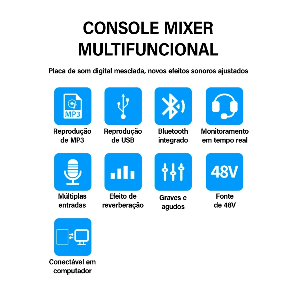 VEDO Mesa de som 7/4 Canais AF7/AF4 Mixer Com Placa de som integrada Bluetooth/48V Phantom Power/PAN/AUX/MP3 USB Player