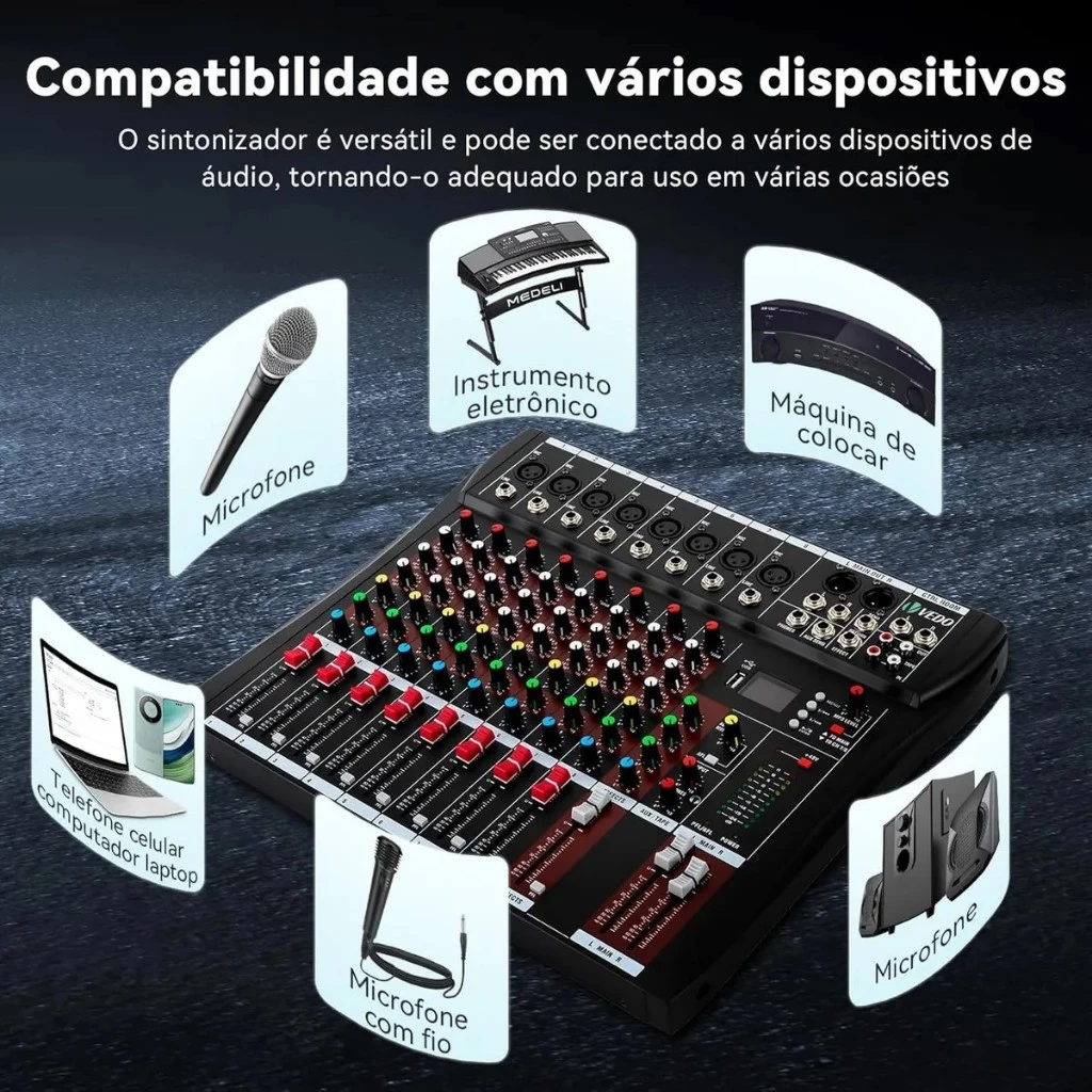 VEDO 8 Canais Misturador De Som áudio Mesas De Som Console De Mixagem Profissional DJ controlador Tela LCD Com luz