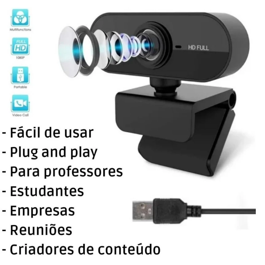 Kit Home Office Webcam Full Hd 1080 Microfone Condensador Luz Iluminador Gravar Vídeo Aula Reunião Hangouts Zoom Stream