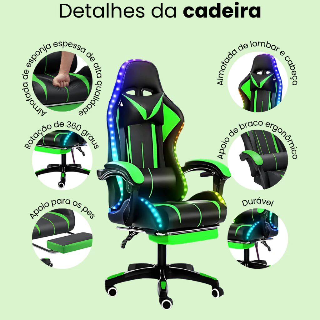 Cadeira Gamer Reclinável Ergonômica com Luz Led Rgb para Escritório e Jogos Com Apoio Para Os Pés Envio Imediato